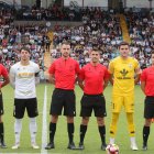 Pleno de árbitros sorianos en el Salamanca-Tordesillas del play off de ascenso a Segunda RFEF. De izquierda derecha Pablo Irigoyen, Álvaro Sanz, Víctor Laín y Cristian Gómez.