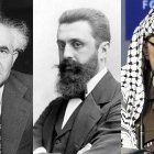 De izquierda a derecha, David Ben Gurion, Theodor Hertzel y Yasir Arafat.