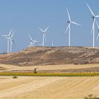 Aerogeneradores junto a un campo de cultivo.