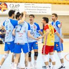 Los jugadores del C.V. Grupo Herce celebran uno de los puntos conseguidos el pasado domingo ante el C.V. Pamesa Teruel.