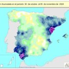 Las lluvias acumuladas desde octubre son un 72% superiores a su valor normal, 17 puntos menos que la semana pasada.