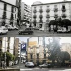 Arriba, el edificio de la plaza Jurados de Cuadrilla.  Abajo, imagen actual.