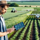 Imagen de un agricultor vigilando su explotación con inteligencia artificial generada por IA