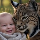 Un bebé humano junto a un lince en una imagen creada con inteligencia artificial y propósito ilustrativo.
