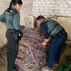 Agentes de la Guardia Civil observan unos fardos de cable de cobre.
