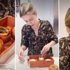 Cristina Oria en el proceso de elaboración de su receta favorita: cebollas asadas rellenas de sopa trufada, yema cruda y bechamel cremosa, una versión del clásico plato soriano que ha conquistado su paladar.