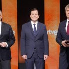 Los candidatos a la Presidencia de la Junta Carlos Pollán (Vox); Alfonso Fernández Mañueco (PP) y Carlos Martínez (PSOE) en el primer debate de las elecciones autonómicas.