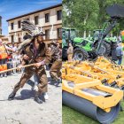 A la izquierda, un zarrón en la plaza Mayor de Almazán y a la derecha, maquinaria agrícola en La Arboleda.