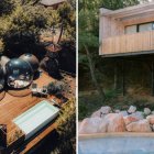 Composición de imágenes de Noctis Soria con dos de sus tipologías de alojamiento: burbujas panorámicas y suites elevadas entre árboles.