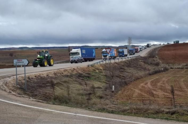 Un tractor seguido de varios camiones este viernes en la comarca de Almazán.