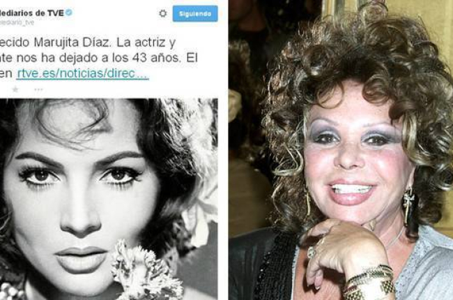 A la izquierda, el tuit errónero del Telediario y, a la derecha, una foto de Marujita Díaz.-