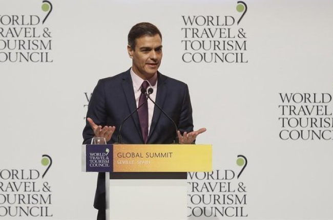 Pedro Sánchez, durante su intervención en la Cumbre del Consejo Mundial de Viajes y Turismo.-EFE / JOSÉ MANUEL VIDAL