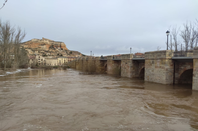 El Duero comenzaba a desbordarse levemente esta mañana en San Esteban de Gormaz. ANA HERNANDO