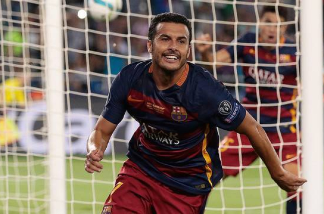 Pedro, eufórico tras marcar ante el Sevilla el gol que ha dado la Supercopa de Europa al Barça.-Foto: AP / IVAN SEKRETAREV