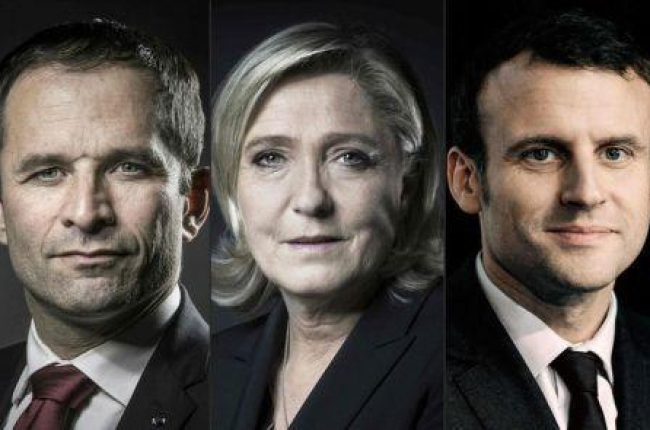 De izquierda a derecha, los candidatos al Elíseo: Fillon, Hamon, Le Pen, Macron y Mélenchon.-AFP / JOEL SAGET