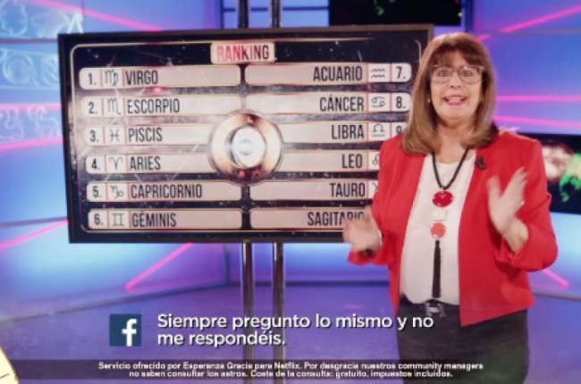 La pitonisa Esperanza Gracia, con los 12 horóscopos, en el vídeo viral de Netflix.-NETFLIX
