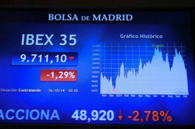 Panel informativo del Ibex 35, este jueves en la Bolsa de Madrid.-Foto: EFE
