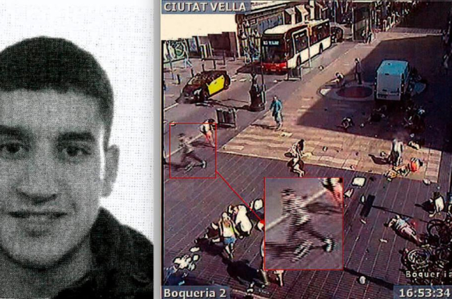 A la izquierda, Younes Abouyaqoub. A la derecha, las imágenes de su fuga que tomó una videocámara. El terrorista corre tras asesinar en La Rambla. /-EL PERIÓDICO