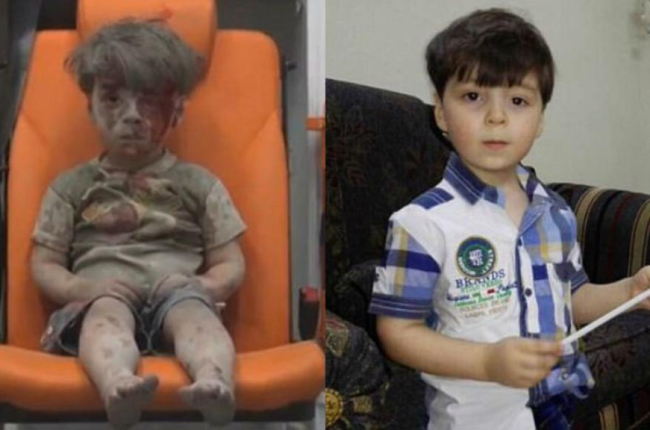 Omran Daqneesh, a la izquierda, el pasado agosto, tras un bombardeo en Alepo, y, a la derecha, en la actualidad.-