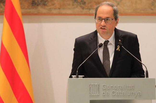 El president de la Generalitat, Quim Torra, durante su comparecencia esta mañana.-FERRAN NADEU