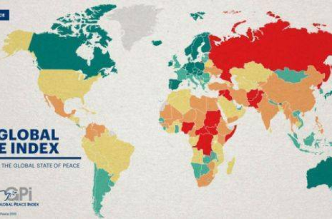 Mapa sobre los países más pacíficos y los más conflictivos del mundo.-Foto: GLOBAL PEACE INDEX 2015