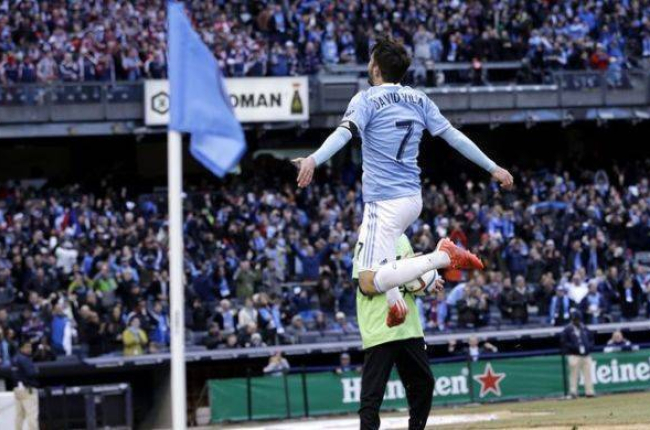 Villa celebra su primer gol en casa con el New York City.-Foto: AP / SETH WENIG