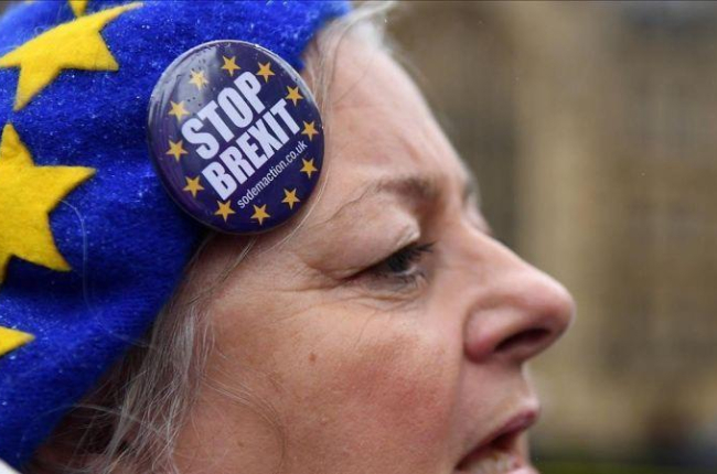 Una manifestante en contra del brexit protesta ante el Parlamento en Londres este miércoles.-EFE / ANDY RAIN