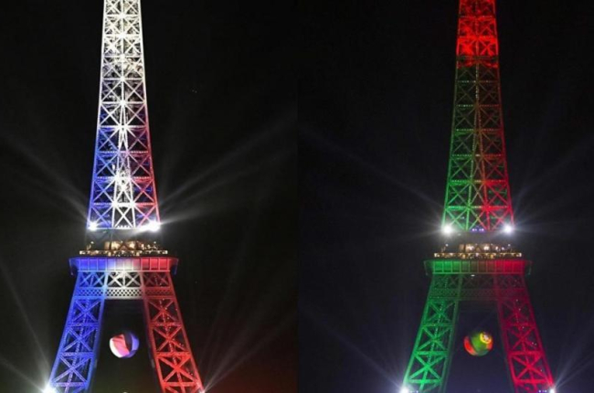 La Torre Eiffel, con una combinación de los colores de Francia y Portugal.-PHILIPPE LOPEZ