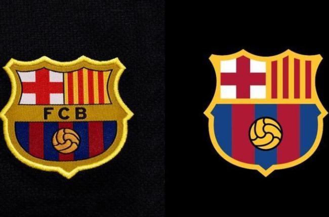 El actual y el futuro escudo del FC Barcelona.-EL PERIÓDICO