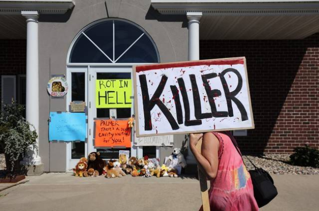 Carteles de "asesino" ante la clínica de Bloomington (Minneápolis) de Walter James Palmer.-Foto: Adam Bettcher / AFP