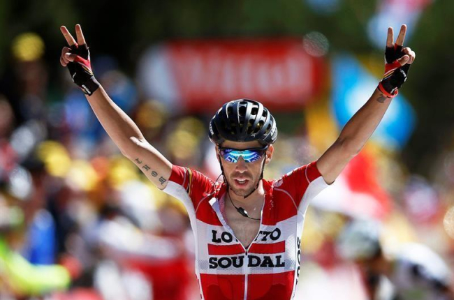El ciclista belga Thomas De Gendt del Lotto Soudal se impone en la 12ª etapa del Tour de Francia, de 178km desde la ciudad de Montpellier hasta Mont Ventoux.-EFE/Kim Ludbrook
