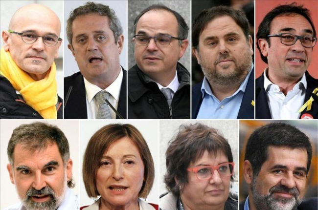 Los líderes independentistas encarcelados. Arriba: Romeva, Forn, Turull, Junqueras, Rull. Abajo: Cuixart, Forcadell, Bassa y Sànchez.-AFP