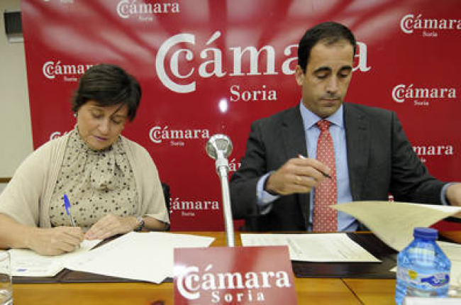 Pilar Sánchez Barreiro y Ángel Colominas, en la firma del convenio./ U. S. -