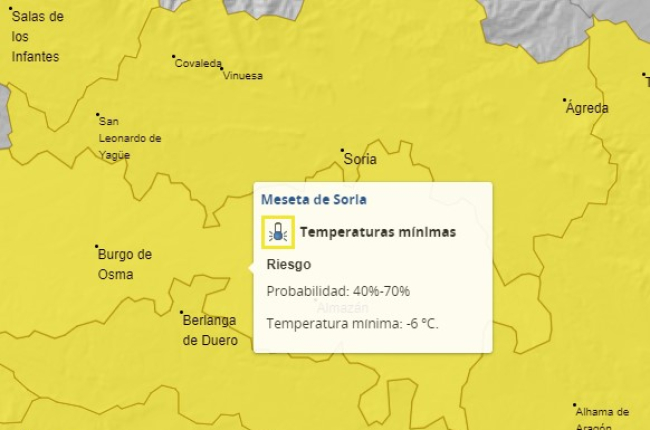Mapa con las alertas amarillas por heladas para este viernes en toda Soria. AEMET