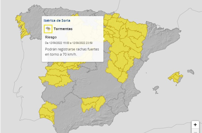 Mapa de la Aemet en el que se recoge la alerta por tormentas en Soria para este lunes. HDS