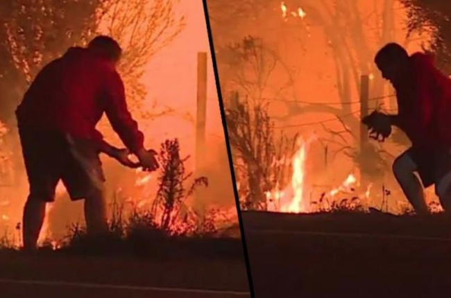 Captura del vídeo en que se ve a un hombre salvando a un conejo de morir en las llamas de los incendios de California.-YOUTUBE