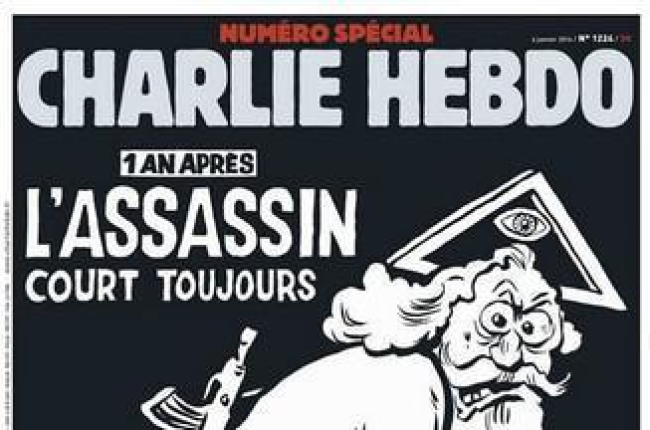 La portada del número especial de 'Charlie Hebdo', conmemorativo del primer aniversario del atentado yihadista contra el semanario satírico.-
