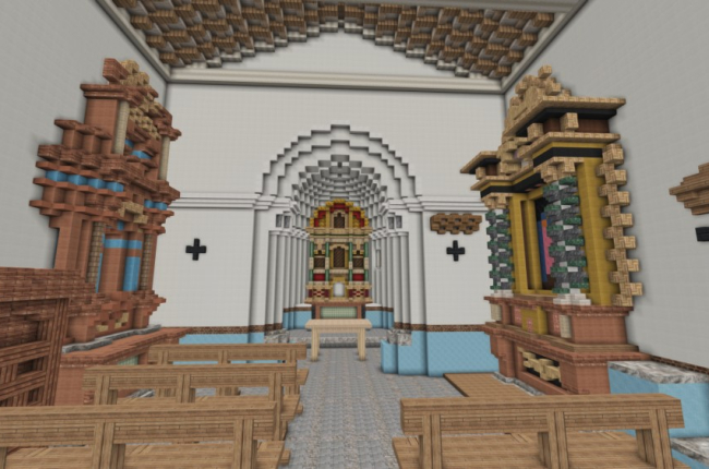 Interior de la iglesia de La Barbolla recreado en Minecraft.