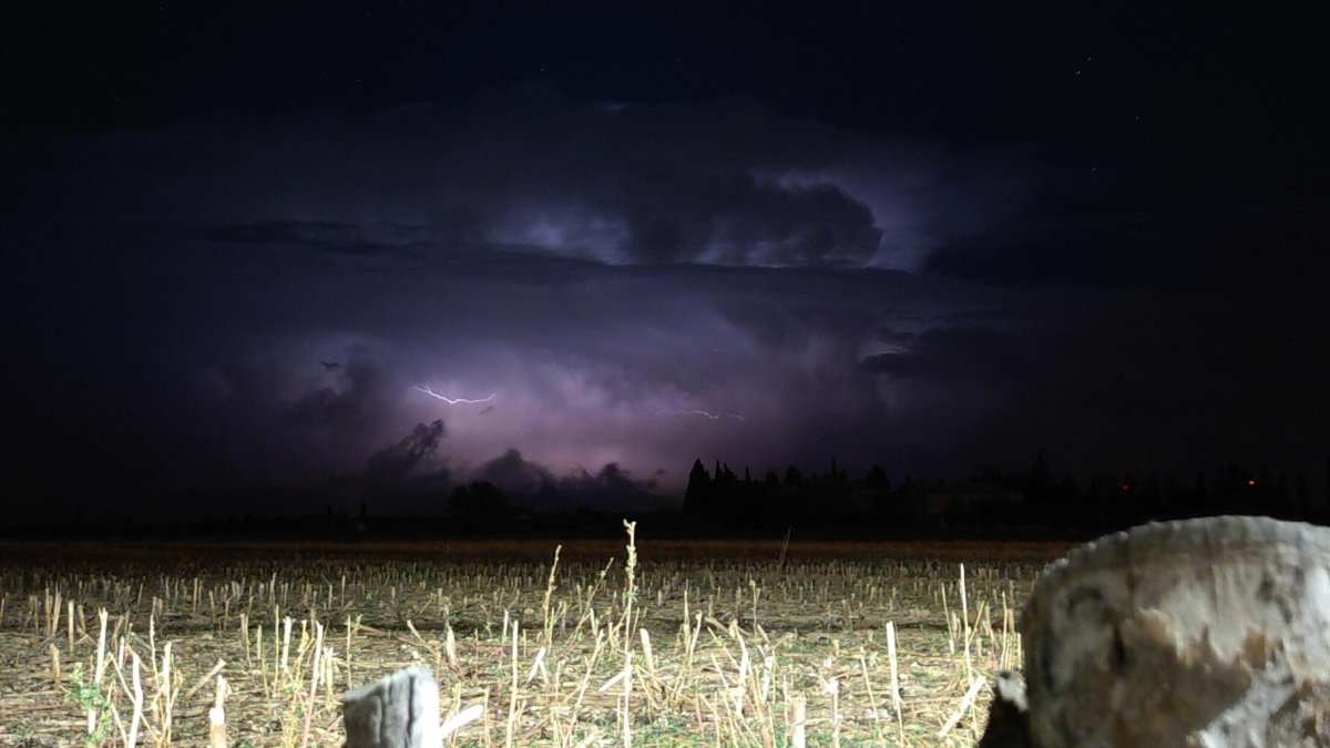 Relámpago sobre un campo de cultivo en plena tormenta.