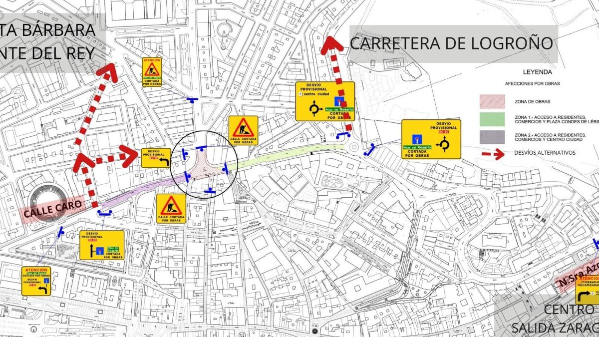 Plano del Ayuntamiento de las afecciones por las obras de la rotonda del Rosario.
