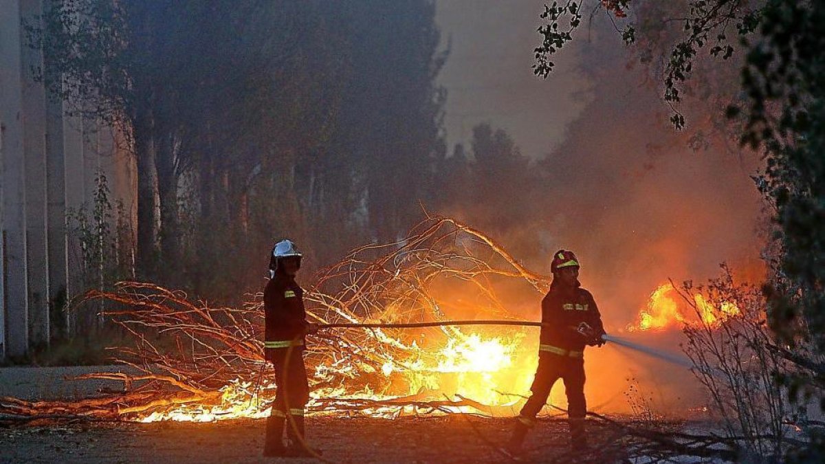 Dos bomberos ante un incendio en el monte. HDS