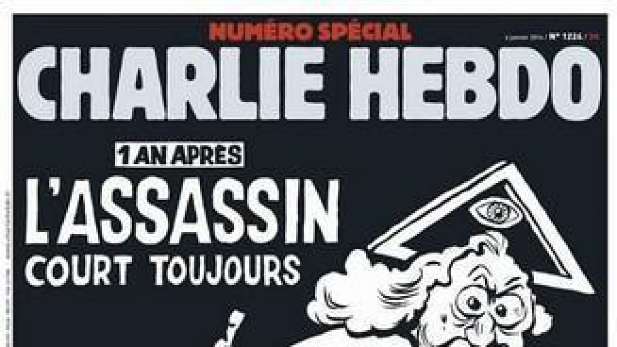 La portada del número especial de 'Charlie Hebdo', conmemorativo del primer aniversario del atentado yihadista contra el semanario satírico.-