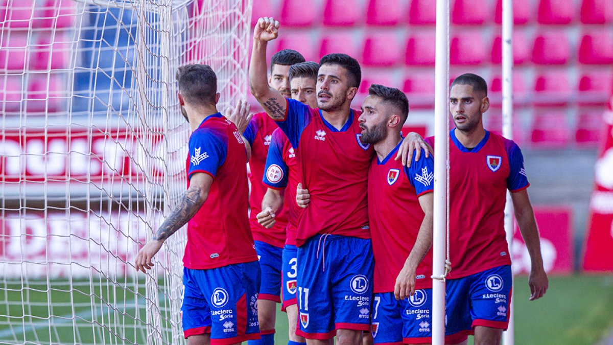 Los jugadores numantinos celebran el segundo gol de Tamayo hace una semana ante el Formentera. MARIO TEJEDOR