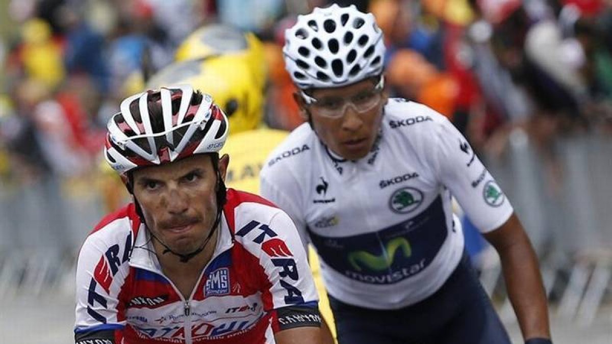 El ciclista colombiano Nairo Quintana, del Movistar, y el español Joaquim 'Purito' Rodríguez.-EFE