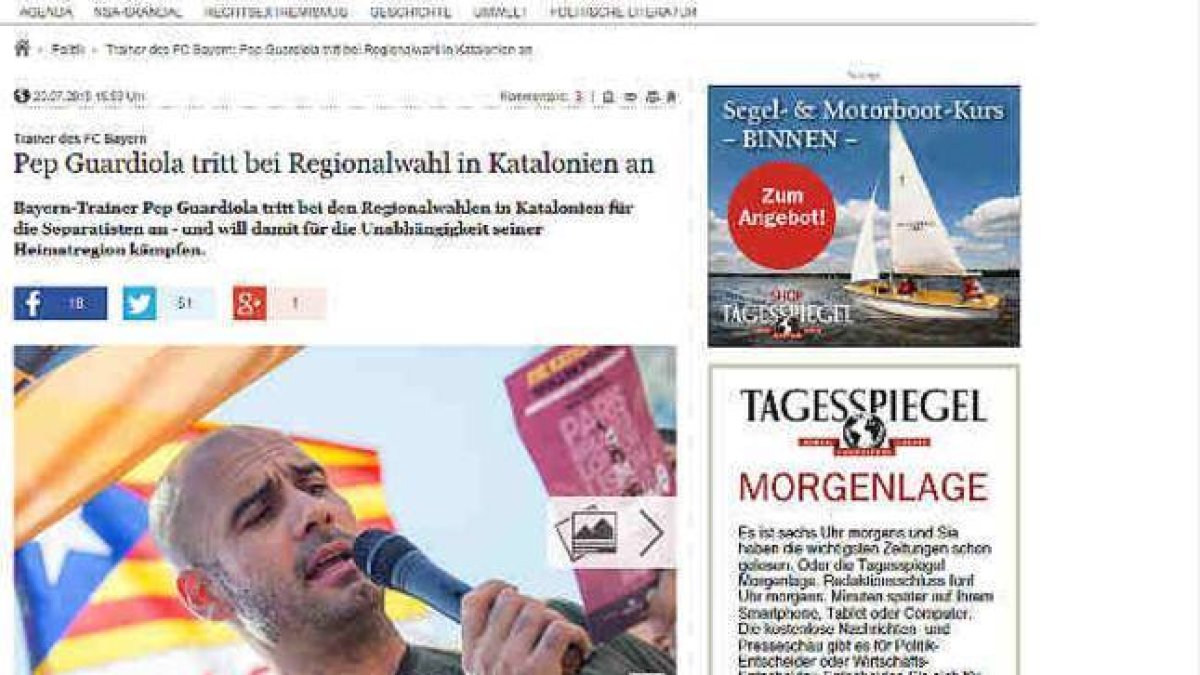 El diario alemán 'Der Taggespiegel' se hizo eco de la noticia de Guardiola a través de su web.-Foto: 'Der Taggespiegel' Web