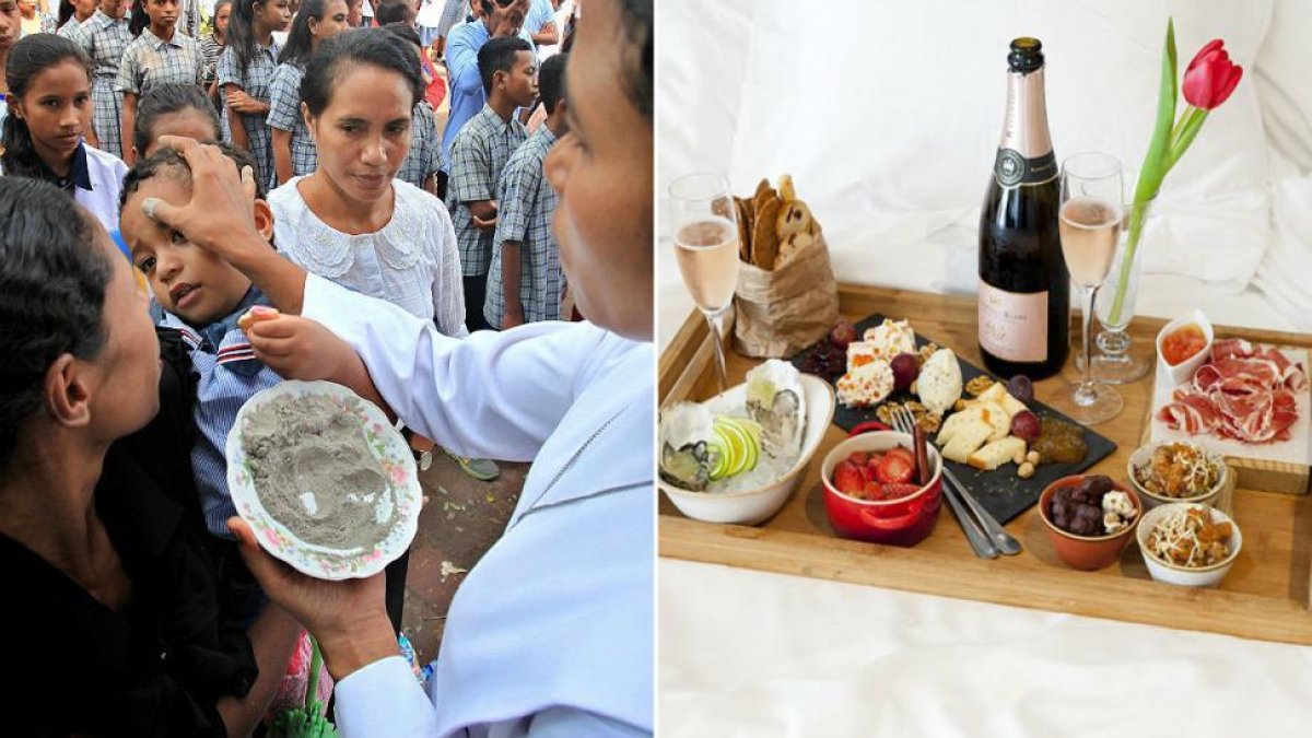 Imposición de ceniza en Dili (izquierda) y ágape de San Valentín.-EFE / CECILIA DÍAZ BETZ