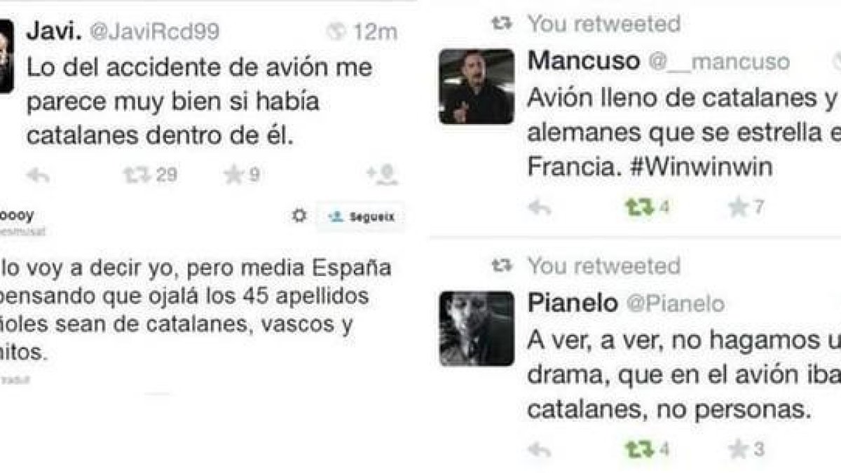 Algunos ejemplos de tuits catalanófobos tras la tragedia de Germanwings.-
