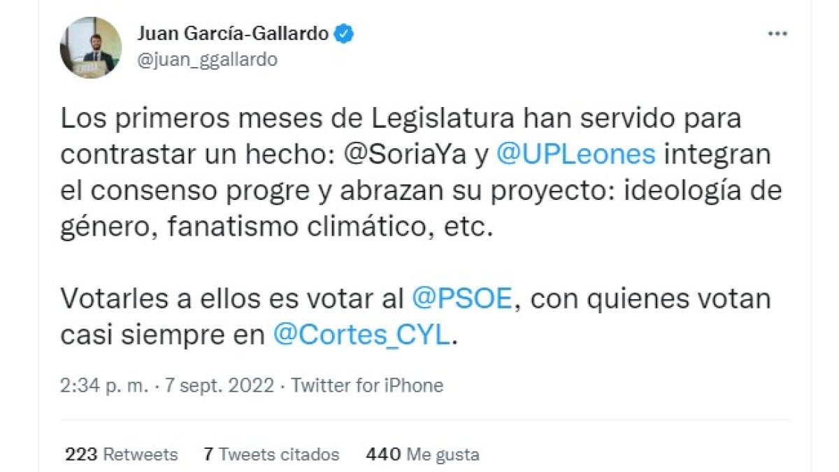 Tweet de García-Gallardo cargando contra Soria Ya. HDS