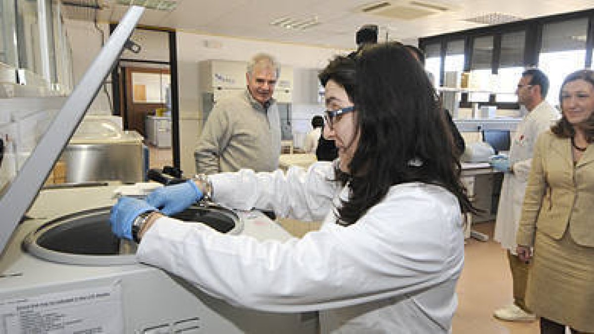 La subdelegada, María José Heredia a la derecha, en uno de los laboratorios del centro en presencia del director, Álvaro Ramos, al fondo a la izquierda. / VALENTÍN GUISANDE-