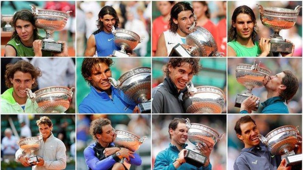 Rafael Nadal posa con la Copa de los Mosqueteros en cada una de sus 12 ediciones victorias en París.-REUTERS